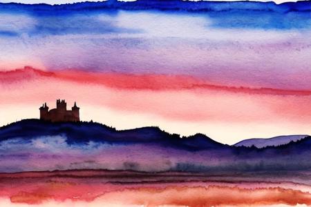 a castle on a hill with a sunset in the background and clouds in the sky above it, (a watercolor painting)<lora:MINT_ArtistToolLORA_v1:1.0>