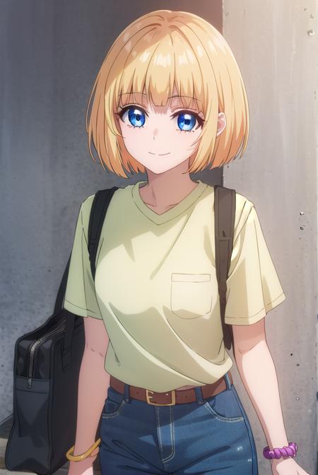 mona narumi, short hair, bangs, blue eyes, blonde hair, bob cut, shirt, jewelry, shorts, belt, bag, bracelet, green shorts,