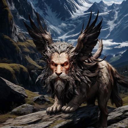 highly detailed  documentary photo of a (lamassu:1.2) standing on a hillside,

lamassu, solo, looking at viewer, white hair, paws, wings, glowing, facial hair, feathers, glowing eyes, beard, mustache, 
portrait,

realistic:1.3, depth of field, blurry, blurry background,

on a mountainside,

photorealistic,
ultra photoreal,
32k, natural light,
sunbeams,







