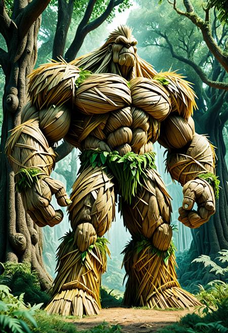 score_9,score_8_up,score_7_up, The image depicts a towering, muscular golem, seemingly composed of straw, entirely made of straw, standing majestically amidst a lush, verdant forest. Its form is robust and imposing, with broad shoulders and powerful limbs, intricately detailed with organic-like straw textures. the view emphasizing the grandeur of the forest guardian. The surrounding environment is in natural light, filtering through the dense canopy, creating a mystical and fantastical atmosphere.  <lora:1:1>