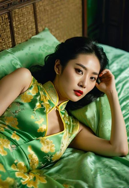 The texture of a Wong Kar-Wai movie, a beautiful Chinese woman, wearing a sexy green and yellow cheongsam, lying on the bed, looking at you seductively, the texture of the movie, ultra high quality, 4K, outstanding, detailed