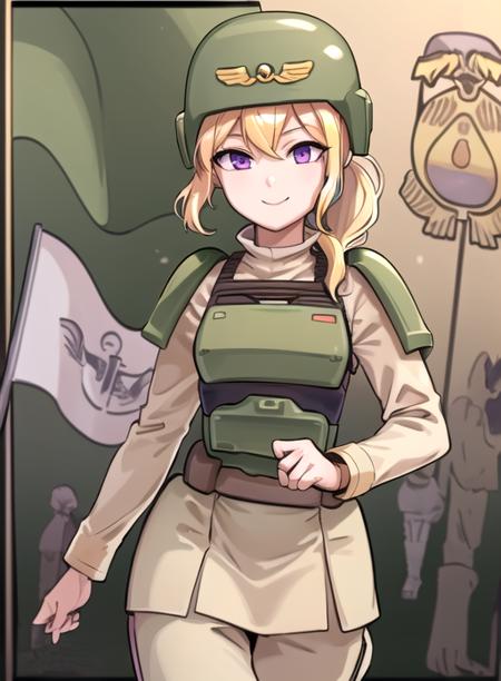 best quality, (masterpiece),(ultra-detailed), (high quality), (high resolution), <lora:CadiaChan-10:0.7>,1girl, blonde hair, border, breasts, cadiachan, , flag, beige pants, green helmet, index finger raised, long sleeves, smile,purple eyes, military uniform, armor, beige shirt, ponytail,  beige skirt, Military helmet,