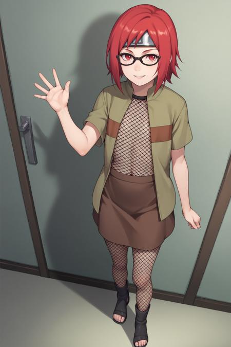 KarinUzumakiGEXL, black glasses, red eyes, red hair, short hair, bangs, sidelocks, forehead protector, flat chest, open shirt, shirt, short sleeves, fishnet top, brown skirt, fishnet thighhighs, black footwear, toeless footwear