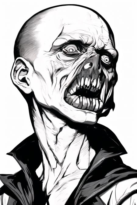 horror (theme), monochrome, greyscale, teeth, solo, black background, simple background, looking at viewer, 1boy, bald, open mouth, monster, 1other, male focus, portrait