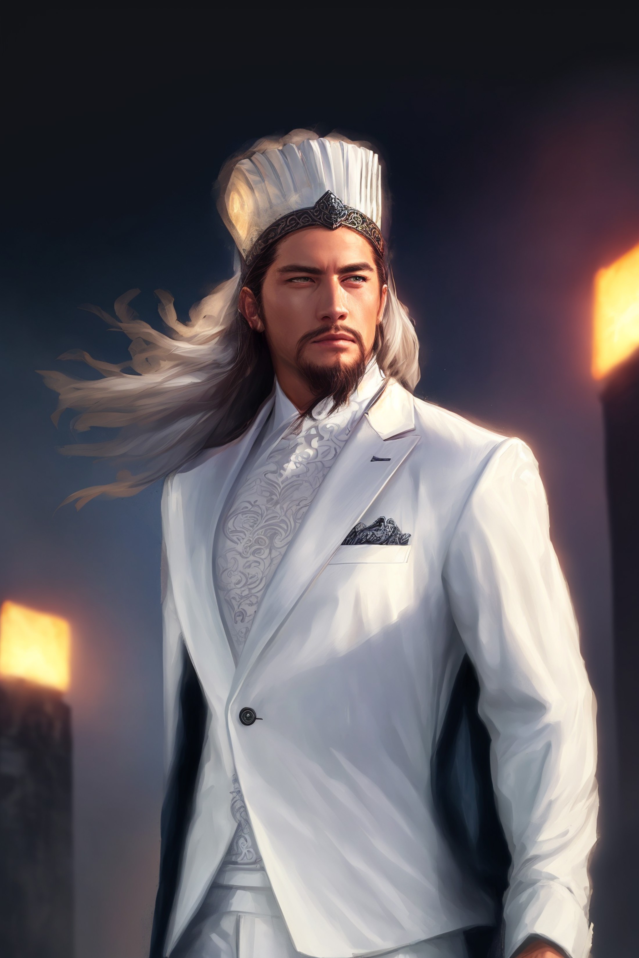 1boy,(masterpiece), (extremely intricate), photorealistic photo of a handsome male, long white hair, fully clothed, perfec...