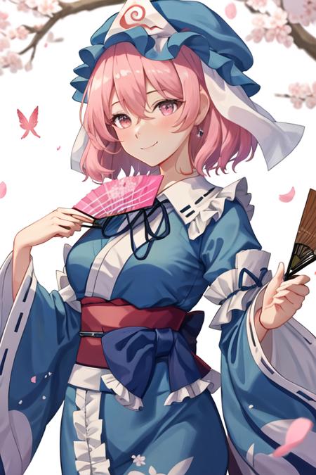 best quality, masterpiece, highres, solo, {saigyouji_yuyuko_touhou:1.15}, pink_hair, triangular_headpiece, hat, short_hair, pink_eyes, mob_cap, blue_headwear, bangs, smile, hair_between_eyes, upper_body, sash, breasts, ribbon, 1girl, blue_kimono, folding_fan, frills, hand_fan, holding, holding_fan, japanese_clothes, kimono, long_sleeves, looking_at_viewer, wide_sleeves, closed_mouth, cherry_blossoms, frilled_kimono, blush, neck_ribbon, obi, petals