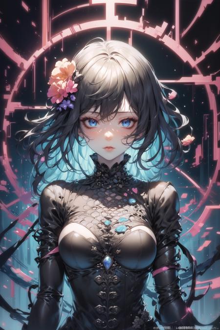 masterpiece, best quality, dreamwave, aesthetic, masterpiece, centered, a drawing of a girl with flowers in her hair, an anime drawing, featured on pixiv, gothic art, neon blacklight color scheme, multicolored art, shiny colors, beautiful female android, blue image, antialiased, living flora, colorful! character design