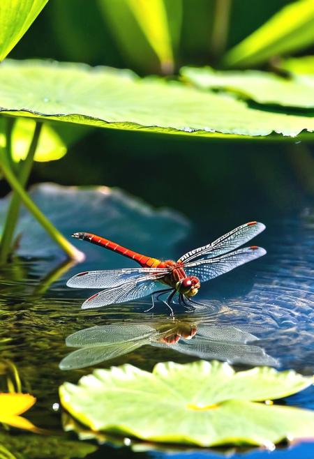 A close-up underwater view of a vibrant red dragonfly  resting precariously on a lily pad in a steaming hot spring. Sunlight filters through the dappled leaves of a towering earth elm overhead, casting dancing patterns on the water's surface  ☀️. Suddenly, a flash of silver streaks through the water! A sleek trout  lunges with remarkable agility, its mouth agape to snatch the unsuspecting dragonfly. Crystal clear droplets spray upwards in a miniature explosion  , momentarily obscuring the dragonfly's fate. Behind the commotion, wispy tendrils of steam rise from the hot spring, momentarily breaking the perfect reflection of the fiery June sun dipping towards the horizon  ⬆️️. In the background, the gentle air current laden with the faint scent of sulfur  continues to stir the leaves above, unaware of the drama unfolding beneath the surface  .