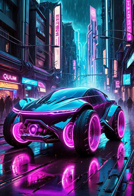 futuristic quantum car speeding through a neon-lit cyberpunk city, sleek aerodynamic design, glowing quantum engines, transparent wheels with holographic rims, reflective chrome body with neon blue and magenta highlights, digital interface projected around the vehicle, flying sparks, rain-soaked streets reflecting lights, cinematic perspective, science fiction poster style, ultra-detailed, high contrast, epic lighting, concept art
, qu4ntum