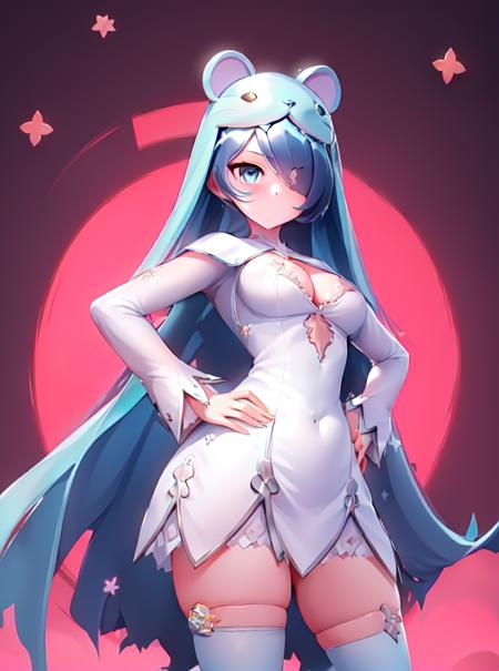 Sistermon Ciel,1girl,solo,blue hair,long hair,dress,very long hair,white dress,one eye covered,long sleeves,small breasts,STANCE,cherry blossoms,star \(sky\),hands on hips,<lora:ï¼äººç© ä¿®å¥³å½å¤©èï¼Sistermon Ciel:1>,, (masterpiece), (best quality), HDR, intricate detail,