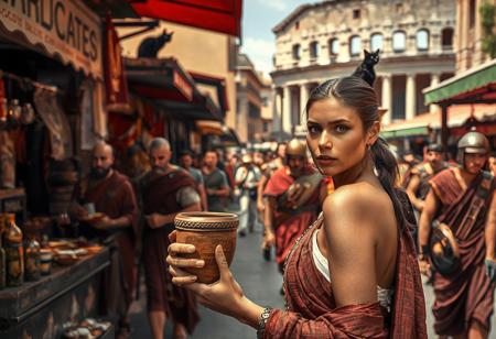 Setting is a 1st century Roman Empire market in Rome, the market is comprised of street vendors selling, food, weapons, and clothing. Everyone and everything in the image is appropriate for a scene from Ancient Rome, People wearing Roman clothing are walking through the crowded chaotic street market shopping and eating, in the foreground is a merchant selling beverages and food at a market kiosk, (((a beautiful woman, 24 years old is standing in the foreground, the woman  facing the viewer with a clay goblet of wine in her hand. Her eyes are beautiful and focused on the viewer, she has an expression of interested curiosity))), Roman Soldiers are walking behind the beautiful woman, one of the solders turns to look at the beautiful woman, many people are walking by in the busy street market, the woman is dressed in high fashion Roman Empire clothing with an alluringly sexual, but traditional roman aesthetic. The woman's hair is elegantly tied up with a ribbon. Artistic ancient Roman aesthetic, dynamic perspective, (((overall architectural aesthetic is Ancient Rome in 1st Century Roman Empire era))).  Epic image that elicits a feeling of wonder and awe, Rome Coliseum Roman Forum architecture in background, a sleek black cat is visible sitting on a kiosk roof in the background,
