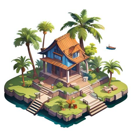 (masterpiece, top quality, best quality, official art, beautiful and aesthetic:1.2),(8k, best quality, masterpiece:1.2), CGgame building nsw, tree, no humans, water, (white background:1.3), boat, palm tree, flower, stairs, (simple background:1.4), grass, house, watercraft, isometry, outdoor, stairs <lora:CGgame building nsw:1>