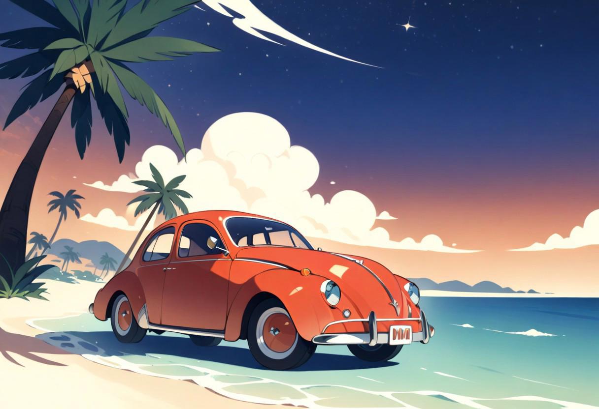 masterpiece, best quality, very aesthetic, absurdres, detailed background, magnificent view, detailed beautiful retro illust, logoredmaf, red retro car, Crystal clear sea, palm tree, twilight, starry sky, cloud,