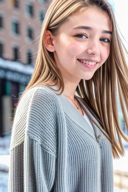 RAW photo, a close-up portrait photo of milazul97 smiling and wearing a white wool sweater, the background is a city street in winter, (high detailed skin:1.2), 8k UHD, DSLR, soft lighting, high quality, film grain, Fujifilm XT3