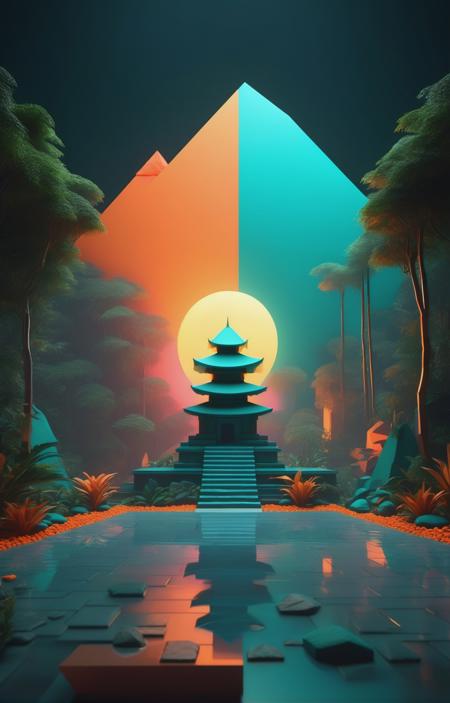 3d isometric, blender render, soft colorful-hued colors,  mystical sunset, dark sky, dark and moody, foggy, tiny stone temple on a lush jungle <lora:EnvyMoonriseXL01:1>, orange and teal color grading Two tone lighting, abstract geometric gradients, geometric shapes, simple background