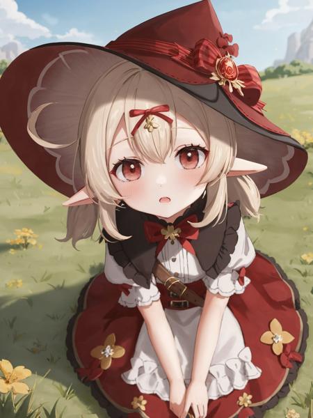 kid, light brown hair, red dress, pointy ears, hat, bored, pov, from top, grass, bokeh <lyco:klee-bs:0.9>