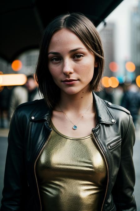 photo of fit (br1ana3v1gan-135:0.99), a beautiful woman, perfect short hair, (modern photo), (Olive Green leather jacket and long sleeve top), closeup portrait, 85mm, (analog, cinematic, film grain:1.3), (A vibrant urban cycling festival, promoting cycling as a sustainable mode of transportation through races, workshops, and events:1.1), detailed eyes, seductive pose, (epicPhoto), (looking at viewer:1.1), jewelry, (cinematic shot:1.3)