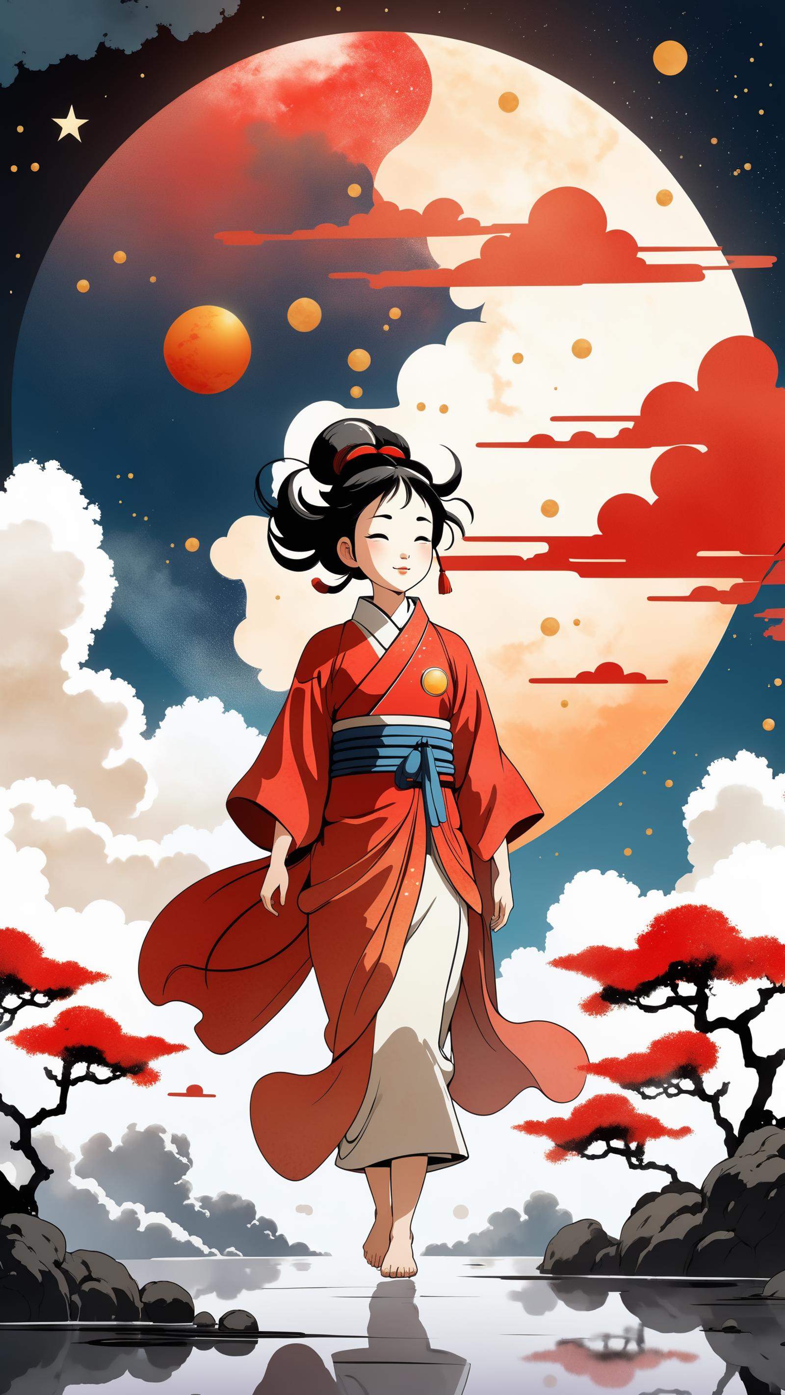 Asian Woman in a Kimono with Long Hair and a Red Ribbon, Walking on a Cloudy Night with a Moon in the Background.