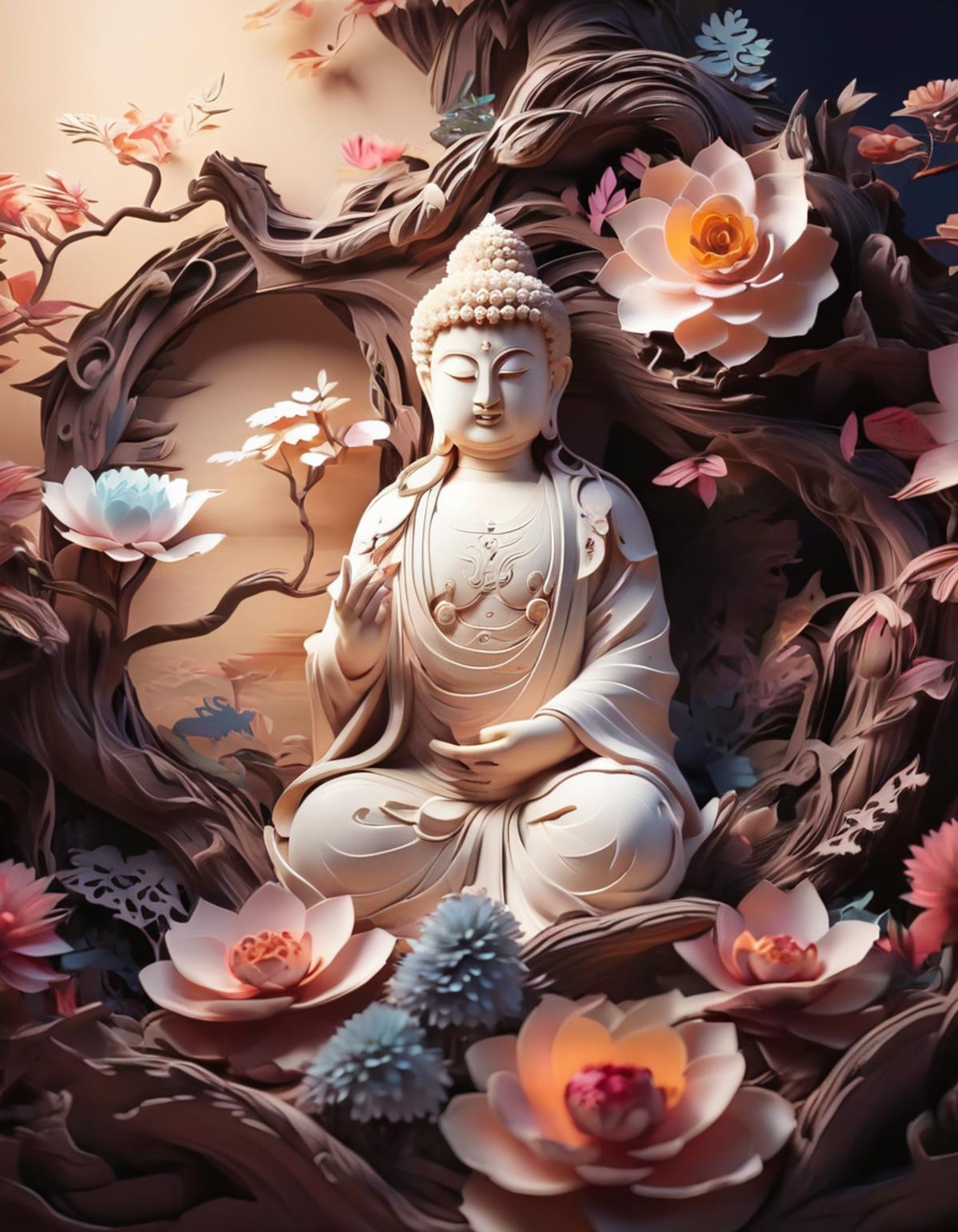 A Buddha statue sitting in a lotus flower, surrounded by flowers.