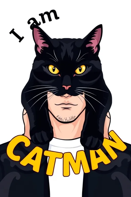 A stylish, minimalist illustration featuring a black cat with striking yellow eyes, positioned in front of a person's face. The person is holding the cat above their head, with their arms spread out. The words "I am Catman" are displayed in a trendy, colorful typeface, encircling the scene. The overall design exudes a modern, fashionable vibe, perfect for a trendy T-shirt that celebrates the joy of pet ownership., typography, product, fashion, illustration