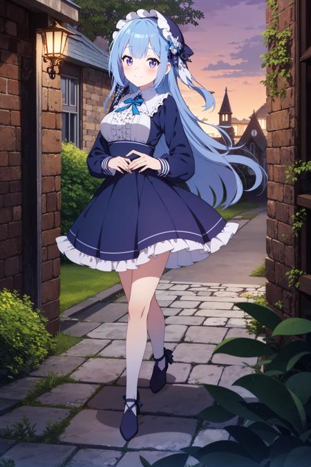 1girl,blue_hair,purple_eyes,long_hair,blue_dress,frills,long_sleeves,(bonnet),medium_breasts,looking at viewer, blush,smile,town,country_side,outdoors,dusk,bow,hair ornament, frilled dress,european clothes,medieval,stone, castle, chimney,old,gothic,from_side