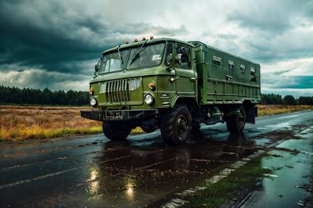 photo RAW,(<lora:gaz66:0.7>, a (Light green:1.15) truck driving down a road,high speed,stormrain,autumn), masterpiece, award winning photography, lighting, perfect composition, high detail, hyper realistic,dramatic lighting, epic