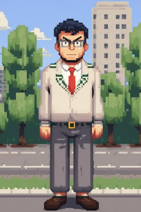 Pixel style image of full body tenxiida character,  serious male,  wearing glasses,  in a school uniform,  background of city buildings, <lora:EMS-42849-EMS:1.000000>, , <lora:EMS-57832-EMS:1.000000>