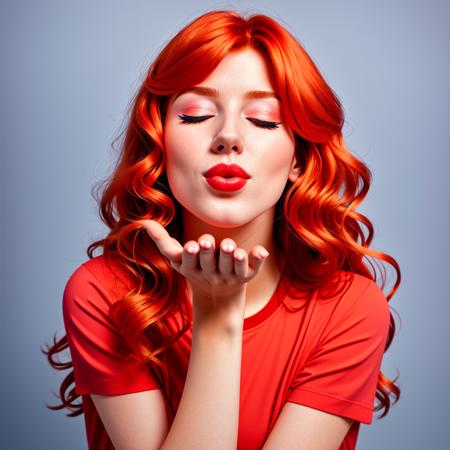 A woman blowing a kiss with her hand, ginger hair, eyes closed, trendy clothing, 4k, high-res, high quality<lora:Blowing A Kiss:0.93>