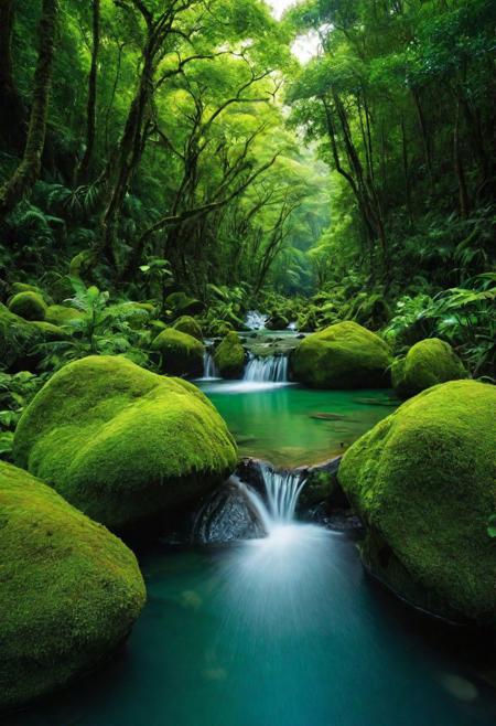 extreme long shot, photo of a stream running through a lush green forest, mystical forest lagoon, forest and waterfall, gentle sparkling forest stream, dense lush forest at night, lush green deep forest, wet lush jungle landscape, lush green forest, green forest, lush mossy canyon, serene forest setting, mysterious canyon streams, green waters, mysterious  stream, glowing green rocks, lush forest, lush fairy forest
