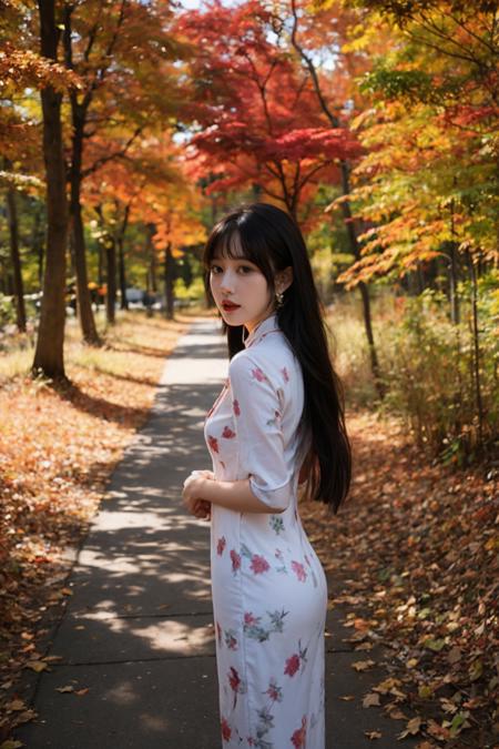 1girl,very long hair,print_cheongsam,rim light,absurdres,(autumn maple forest:1.3),(very few fallen leaves),(path),botanical garden,portrait,