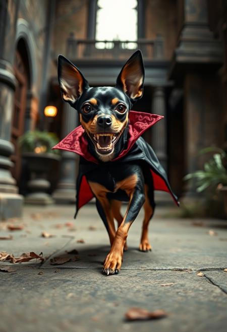 The Vampire Miniature Pinscher roaming in an old mansion, Shy Miniature Pinscher. really cute vampire. Creepy ambiance. Wearing a old cape. Sharp teeth
