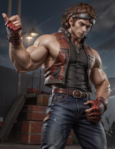 Hwoarang_Tekken, solo, brown hair, gloves, 1boy, male focus, belt, pants, fingerless gloves, vest, muscular, goggles, goggles on head, jeans, <lora:Hwoarang_Tekken:1>, red goggles, hair slicked back,