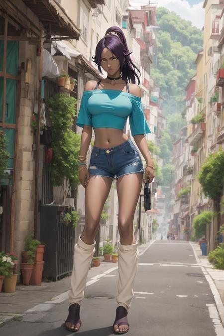 (best quality, highres:1.1),  shihouin yoruichi, off shoulder, ((turquoise crop top)), jean shorts, full body, leg warmers, 1girl, solo, dark skinned female, dark skin, ponytail long hair, parted bangs, purple hair, yellow eyes, <lora:YoruiPrLOW-v6.3mr10.25v4-000008:.7>, full body, outdoors