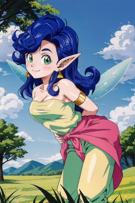 fairy,blue hair,green eyes,small breasts,curly hair,pointy ears,long hair,fairy wings light green strapless shirt,pink sarong,light green harem pants,bandaged arm, armlet,earrings, pink sandals