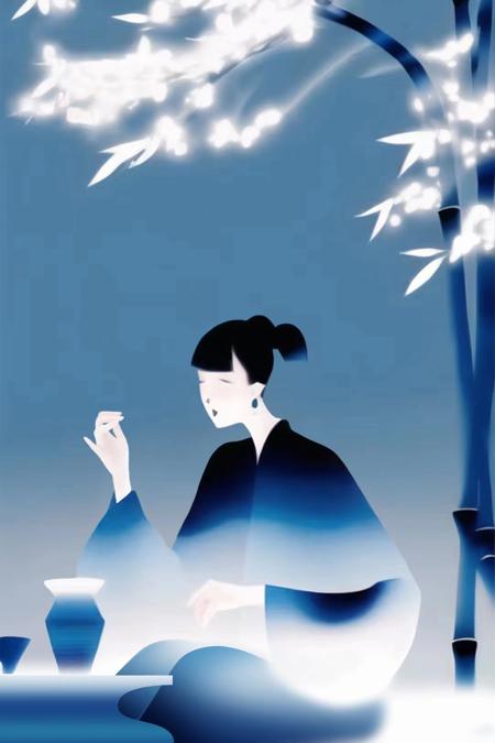 <lora:artyo:0.8>1 girl,Sit at the table, solo, black hair, dress, single bun, sunlight,sun,earrings,holding, long sleeves,bamboo, Chiho Aoshima, super fine painting, cloisonné, blue gradient, simple white background , stylish, modern