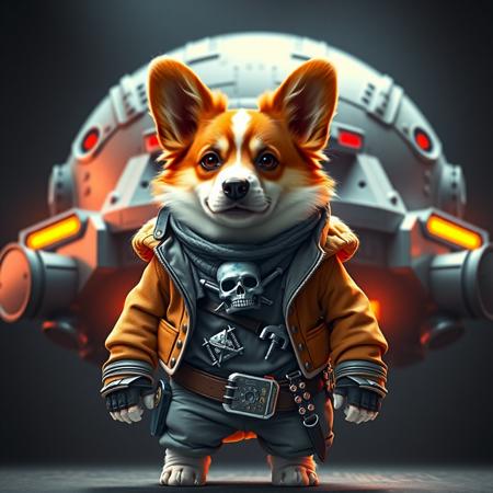 Anthropomorphic Corgi Jedi, space pirate clothes, huge spaceship behind, cyberpunk style, furry, cinematic, epic