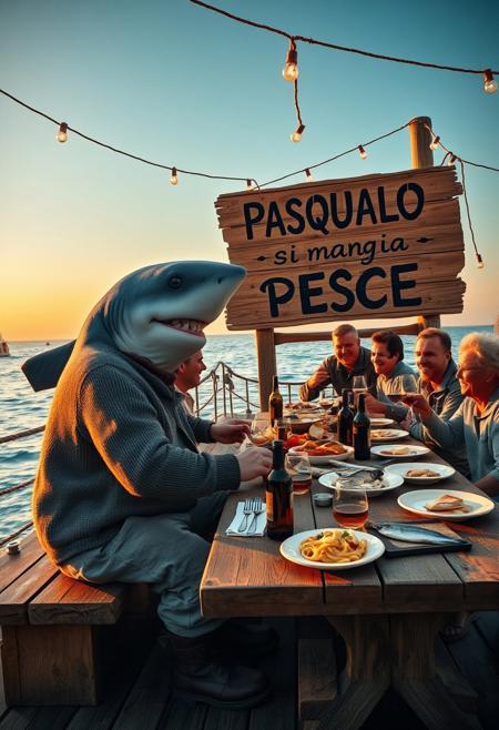 An Italianized humanoid shark named ‘Pasqualo,’ with a muscular body, gray shark-like skin, and sharp teeth, sits at a large wooden table on a seaside pier during sunset. He has black eyes, a prominent dorsal fin, and a friendly grin. Dressed in a rugged fisherman’s outfit, including a weathered wool sweater, rolled-up pants, and boots, Pasqualo blends seamlessly into the scene with his human fisherman friends. They laugh and chat around the table, their sun-baked skin and salt-worn clothes reflecting a life spent at sea.
The table is covered with rustic Italian seafood dishes: grilled fish, steaming bowls of pasta, crusty bread, and wine bottles. Half-filled glasses suggest recent toasts, and plates are scattered in a laid-back, festive atmosphere. Overhead, warm string lights cast a golden glow on the gathering.
In the background, a large wooden sign, slightly worn and hand-painted, reads ‘da PASQUALO si mangia PESCE.’ It’s mounted on a weathered post with a couple of seagulls perched on top. The sea behind them is calm, with fishing boats gently rocking in the harbor. The setting captures the authentic feel of an old Italian coastal town, with Pasqualo smiling and enjoying the meal with his closest friends, blending the fantastical with the familiar and realistic.