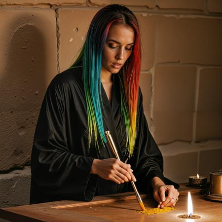 (analogue photo) of a beautiful 25 years woman with olive skin, ((rainbow dyed hair)) , dark eyes, <lora:Corinna_SDXL_v2:0.5>   ,Greek Icon Painter in Monastery Cell In modest dark robes and a wool wrap, she brushes gold leaf onto a wooden panel depicting saints. Candlelight casts soft glow over pigment trays and icon outlines. Tight crop on hands and tools with golden flickers and stone textures.,high quality, film grain, Fujifilm XT3, 8k uhd, dslr, film grain, kodak tri-x 400 film, grain photo DOF, faint lighting, dynamic angle, cinematic, Depth of field, bokeh, best quality, cinematic, light particles, highly_detailed, very_aesthetic, golden hour, beautiful_and_aesthetic ,Sexy pose, erotic pose, exhibitionism ,retro futurism metropolis during a thunderstorm