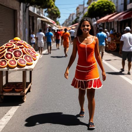 Brazilian girl, selling orange fruit in streets, wearing orange sliced shaped dress, <lora:blood_orange_world_morph_sdxl:1> , sunny day, people walking, vendor stand, blood orange style