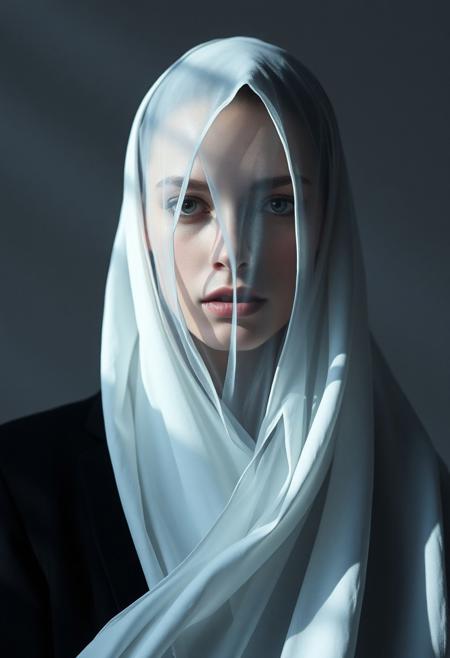 (Soft Lighting Photography by Mimoza Veliu and Mario Giacomelli:1.2), NSFW, Shards of Light, A model shrouded in stark, structured attire—blacks, whites, and flashes of silver, like shards catching light in an abstract landscape. The look is minimalist but provocative, her gaze direct yet softened by shadows that fall in rhythmic patterns across her face. In the background, soft beams of light fall like glass, casting an ethereal quality to the scene. Her presence is magnetic, a blend of fragility and defiance, embodying both the future and the present.sexy