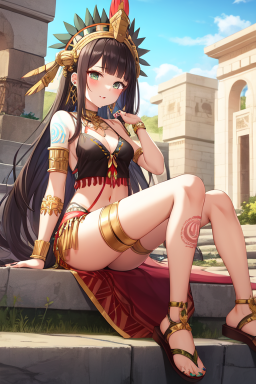 ancient aztec clothes, blunt bangs, tattoo, nail polish, sandals, low-tied long hair, piercing, outdoors, armlet, hair int...