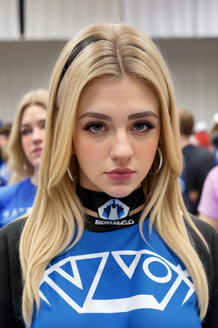 a woman at a crowded comicon convention, in a starwars shirt, (people in the background), upper body, ((close up)), perfect face, raw, 8k uhd, [happy], <lora:jazlynRay:1>