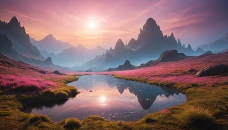 Award winning photograph of  an alien planet where the boundaries between reality and imagination blur effortlessly. Each step unveils a symphony of colors and textures dancing in harmony. A vast, ethereal valley. As you gaze across the expanse, you're greeted by rolling hills adorned with (lush alien foliage), each blade of grass shimmering with dewdrops like scattered jewels.  In the distance, (towering spires of crystalline structures) rise from the earth, their surfaces reflecting the golden hues of an eternal sunset. (Liquid light) cascades down their facades, pooling into crystalline lakes that mirror the star-strewn heavens above. As you traverse this otherworldly landscape, you find yourself drawn deeper into its embrace, each step revealing new wonders and delights. Glowing flora illuminate your path, casting a kaleidoscope of colors upon the ground. Above, wisps of iridescent clouds drift lazily across a cerulean sky, morphing and shifting like dancers in an endless ballet. The pink sun, a radiant orb of warmth and light, bathes the land in its golden embrace, casting long shadows that dance across the landscape like playful spirits. Here, amidst the beauty of the dream landscape, you find solace and serenity, a sanctuary for the soul to wander and explore to its heart's content. Vibrant color, realistic lighting, detailed shadows, planet visible in sky <lora:RMSDXL_Creative:3> <lora:RMSDXL_Enhance:2.5>