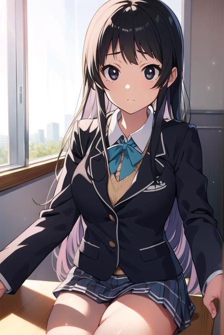 mioakiyama, <lora:mioakiyamatest:1>, mio akiyama, (black eyes:1.5), black hair, long hair, BREAK sakuragaoka high school uniform, school uniform, uniform, BREAK looking at viewer, BREAK indoors, classroom, BREAK <lora:GoodHands-vanilla:1>, (masterpiece:1.2), best quality, high resolution, unity 8k wallpaper, (illustration:0.8), (beautiful detailed eyes:1.6), extremely detailed face, perfect lighting, extremely detailed CG, (perfect hands, perfect anatomy),