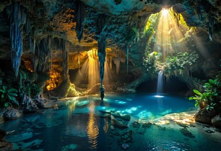 Masterpiece, highest quality photo of a cave, Benagil, gentle golden light, streams from above, the god rays of soft golden light, illuminated exotic, tropical, lush vegetation, crystaline shimmering stalagmites and stalactites, covered in brilliant vivid vegetation. 
Underground blue lagoon, cenote