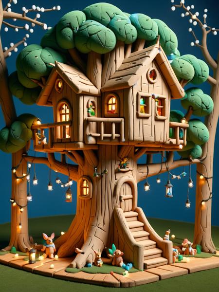 An ais-crayz treehouse nestled high in a branching oak, adorned with mismatched fairy lights <lora:Kids_Crayon_Style_SDXL:1>