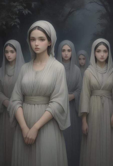 "Shadows of the Past" depicts ethereal figures emerging from dark, misty backgrounds. These figures evoke a sense of nostalgia and memory. The image, likely a painting, captures soft, muted colors and intricate details, conveying a theme of introspection and longing. Each figure is carefully rendered, their features beautifully and hauntingly depicted. The overall composition radiates a profound emotional depth, drawing viewers into a world of reminiscence and contemplation.