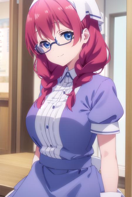 miuamano, <lora:miu amano s1-lora-nochekaiser:1>,
miu amano, long hair, bangs, blue eyes, braid, red hair, glasses, twin braids, semi-rimless eyewear, under-rim eyewear, smile,
BREAK skirt, shirt, thighhighs, gloves, short sleeves, pleated skirt, glasses, puffy sleeves, white gloves, apron, white thighhighs, puffy short sleeves, waist apron, purple skirt, purple shirt, waitress, head scarf,
BREAK indoors, restaurant,
BREAK looking at viewer, (cowboy shot:1.5),
BREAK <lyco:GoodHands-beta2:1>, (masterpiece:1.2), best quality, high resolution, unity 8k wallpaper, (illustration:0.8), (beautiful detailed eyes:1.6), extremely detailed face, perfect lighting, extremely detailed CG, (perfect hands, perfect anatomy),