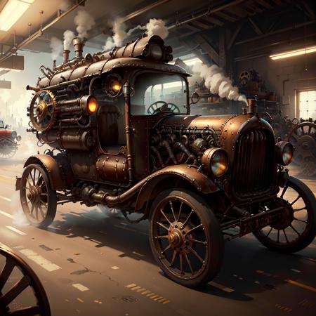 <lora:SteamPunkAI:.7> SteamPunkAI , Cogpunk  car in garage