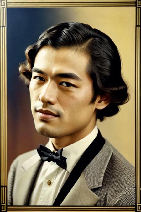 A portrait of an Asian man, short hair,undercut, 1920s, Taishō Roman, gentleman, suit and tie, masculine, manly, hunk, macho, yaro, stardom, beautiful, glamorous, (in the style of Takehisa Yumeji), art deco, retro, old fashioned, looking at viewer, eye contact, vibrant, vivid, (background of fabric with black&gold&tan art-deco abstract geometric flowers), old technicolor film style, film grain, aged film stock, insanely detailed, masterpiece, extraordinary achievement, award-winning